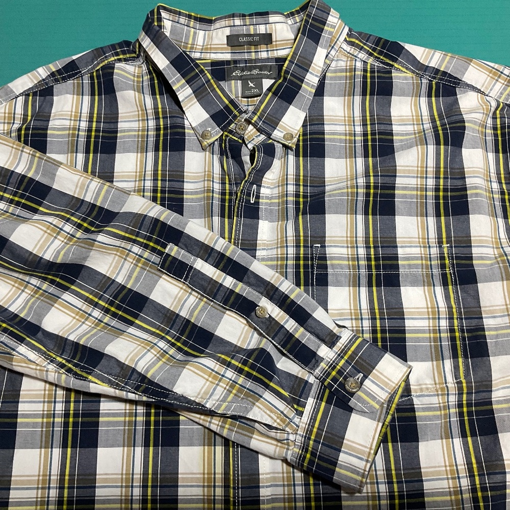 Eddie Bauer Classic Fit LongSleeve Button Up Blue and Yellow Plaid Shirt SZ 2XL